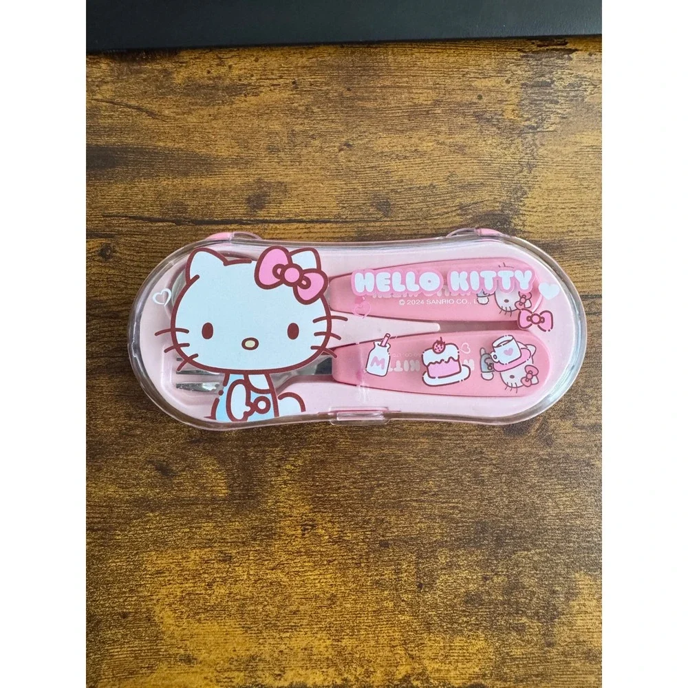 Sanrio Hello Kitty Kids Utensil Set Pink Travel Case Stainless Steel Fork Spoon